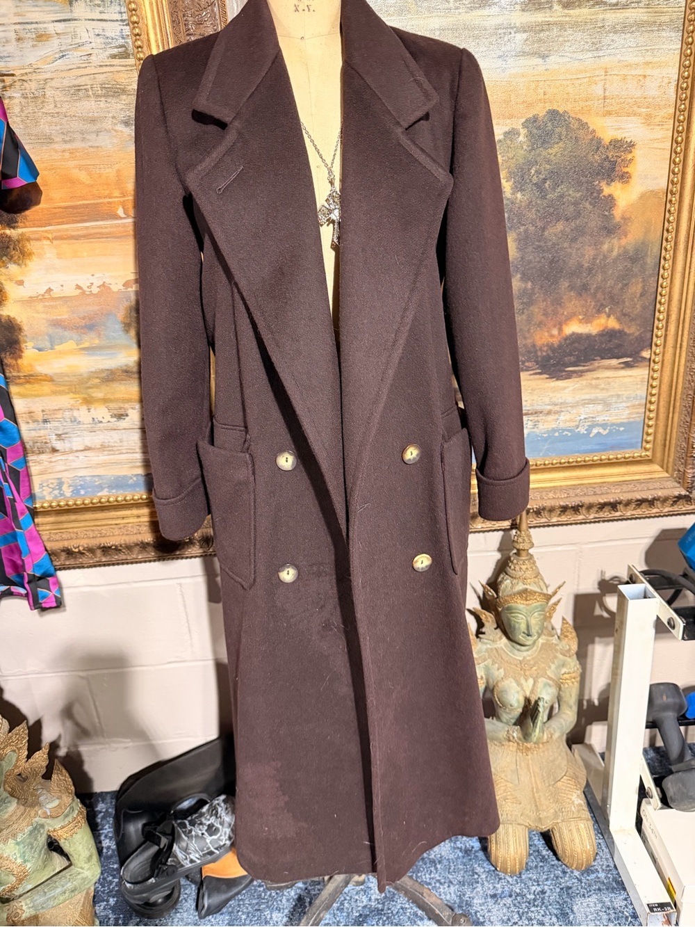 Long Double-Breasted Trench Coat in Dark Brown